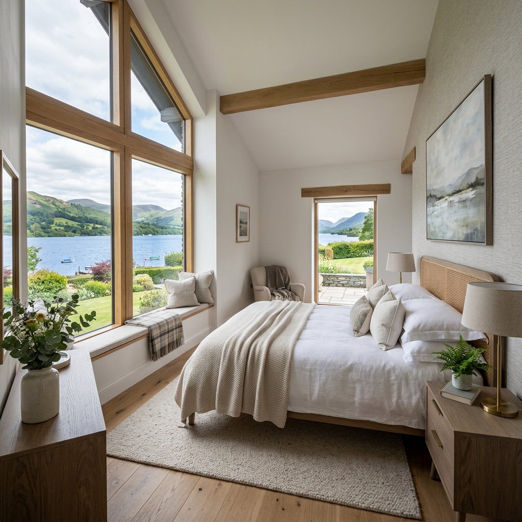 Serene luxury bedroom with pristine white bedding overlooking Lake Windermere