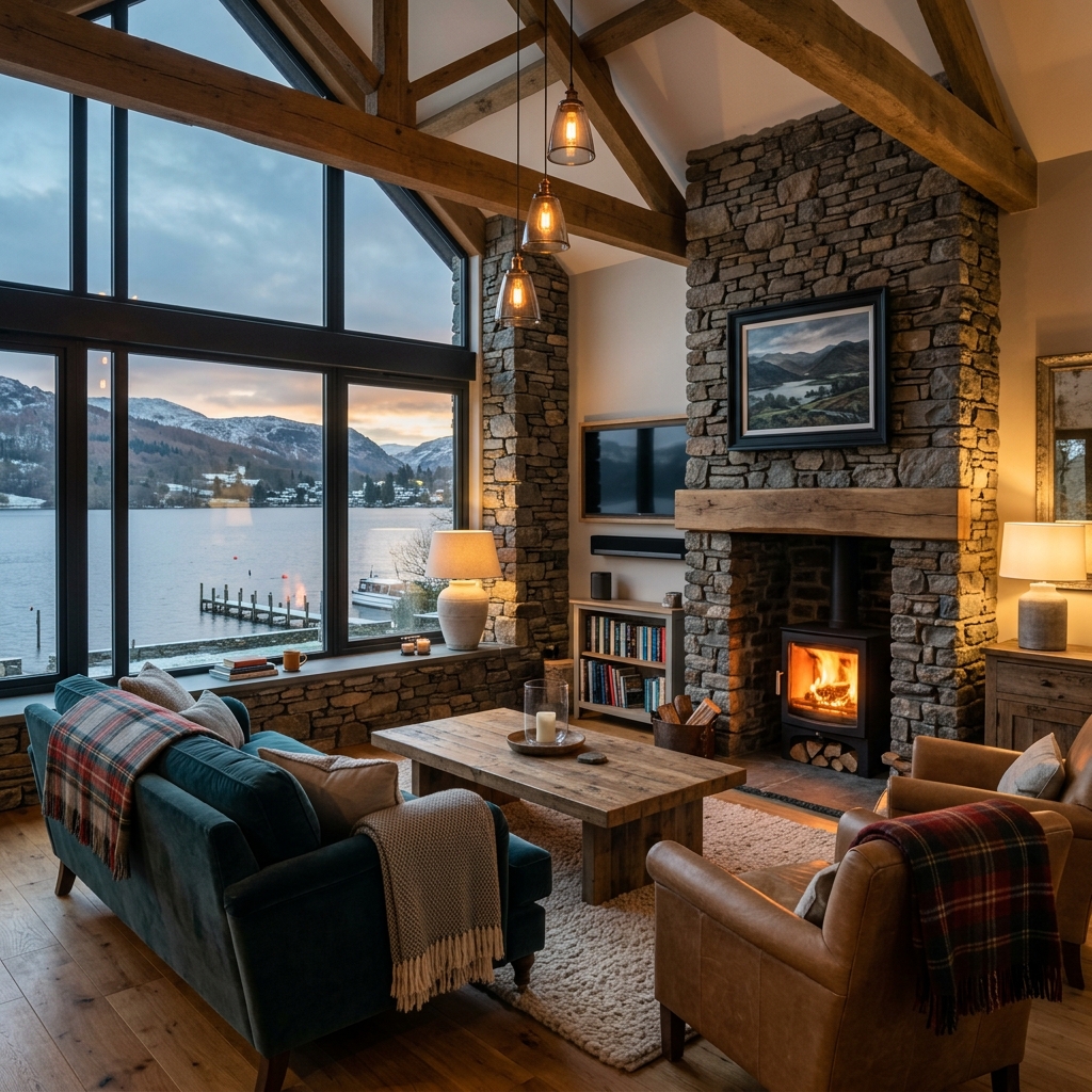 Luxury cottage living room with a roaring fireplace and Lake Windermere views